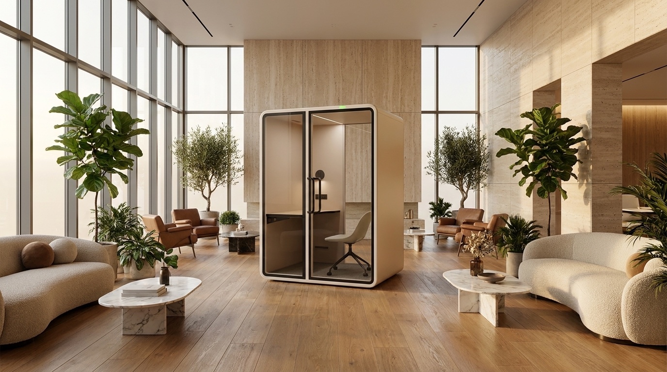 The same office with a ZOUND pod — elevated and elegant